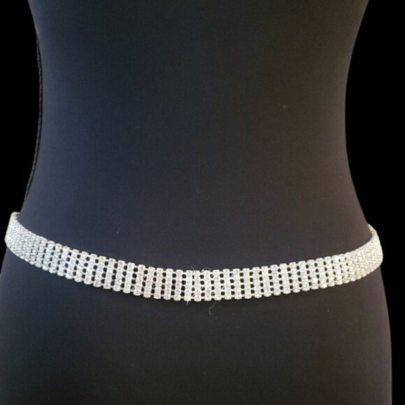 Embellished Silver Clear Rhinestone Diamanté 5 Row Chain Link Adjustable Belt main image 7